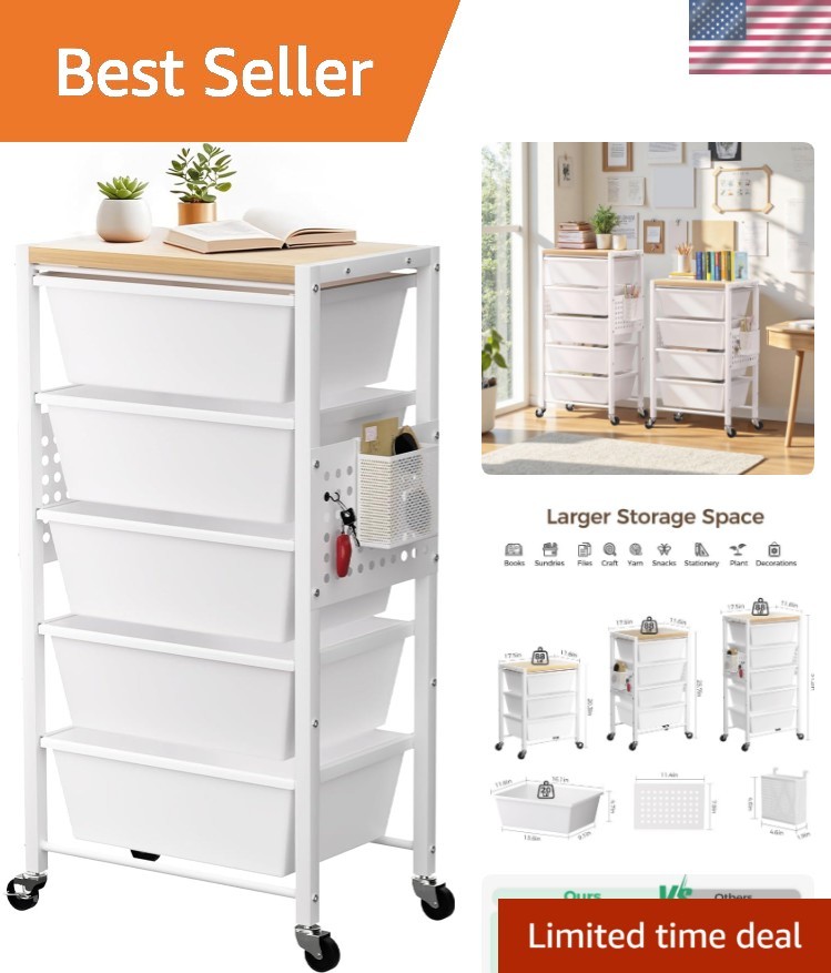Rolling Cart with 5 Drawers, Plastic Drawer Storage Carts with Wheels & Woode... gallery