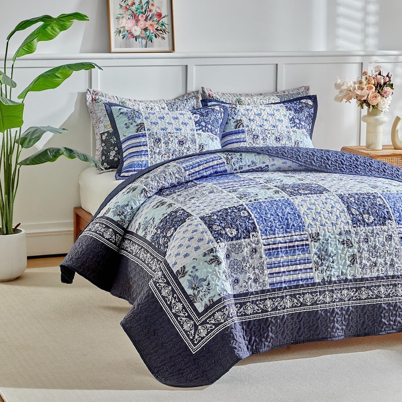 Patchwork Quilt Set King Size,3 Pieces Navy Blue White Floral Plaid Reversibl... gallery