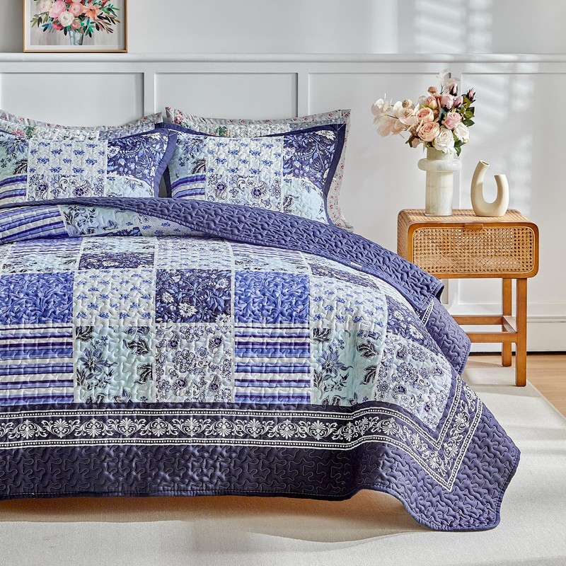 Patchwork Quilt Set King Size,3 Pieces Navy Blue White Floral Plaid Reversibl... gallery