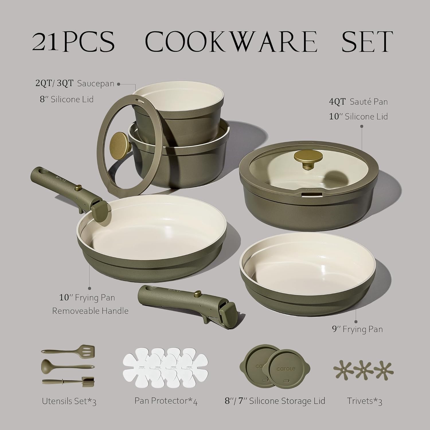 Carote 21pcs Ceramic Cookware Set with Detachable Handles, Pots and Pans Set Non gallery