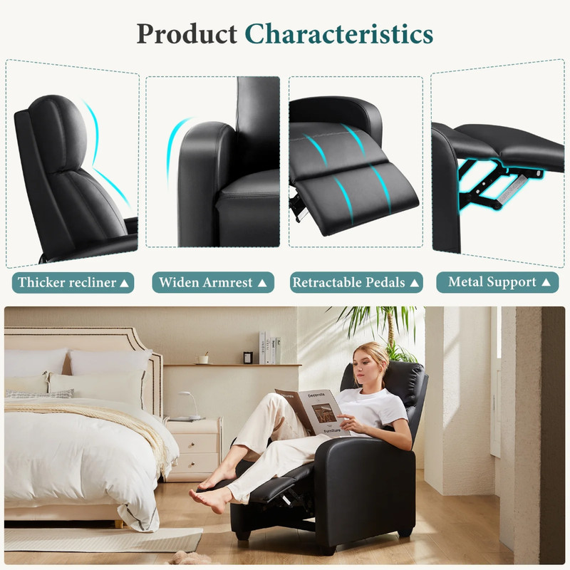 SMUG Black Single Sofa Comfortable Recliner Adjustable Reclining for Lounge gallery