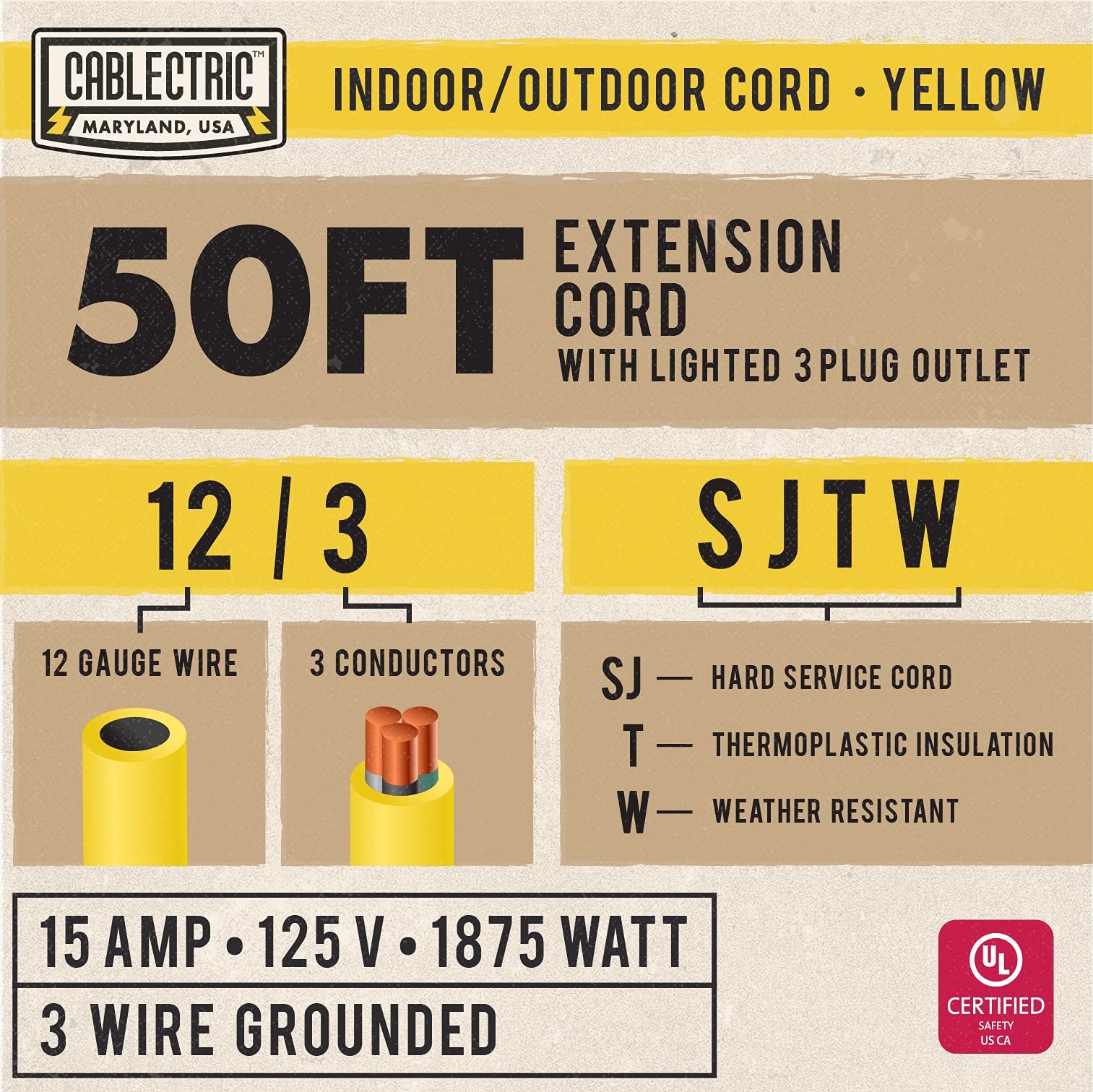 Cablectric 50 Ft Outdoor Extension Cord with 3 Outlet, 12/3 Weatherproof 50 f... gallery