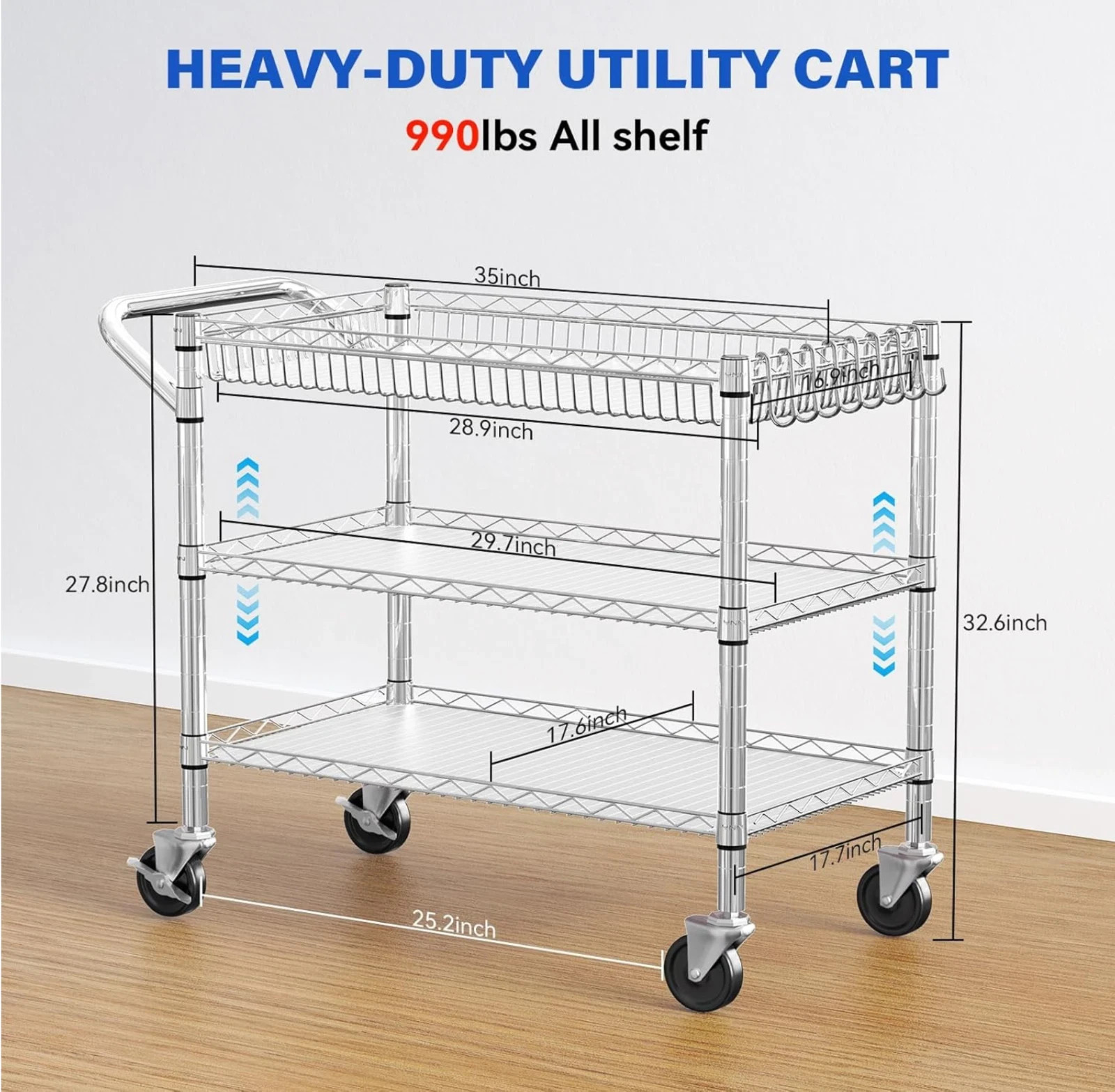 Heavy Duty Utility Cart with Handle 990lbs Capacity Metal 3 Tier Rolling Carts gallery