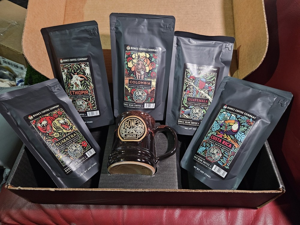Bones Coffee World Tour Sample Box Gift Set With Mug 4 Oz 5 Pack 5/19/2026