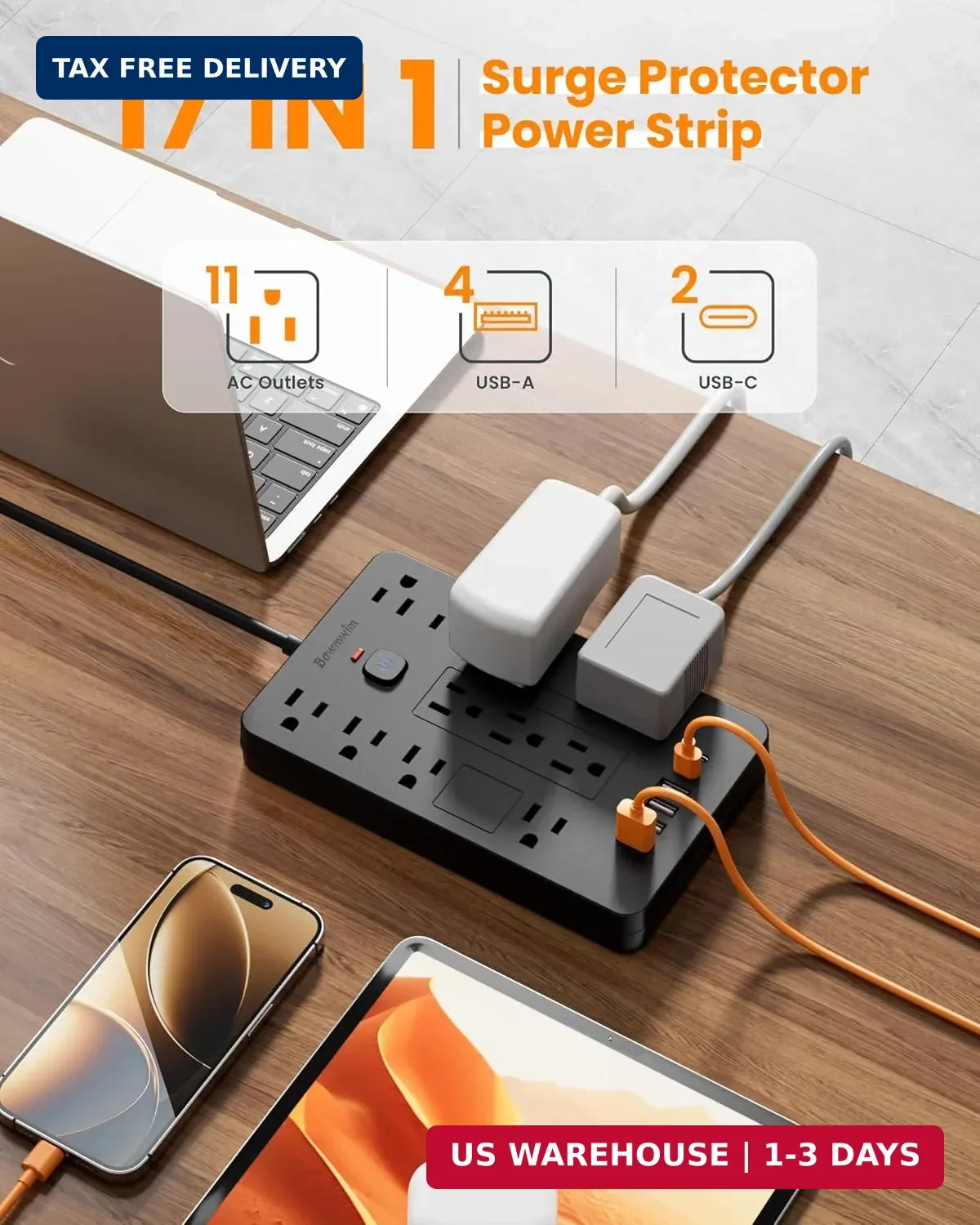 Surge Protector Power Strip - 11 Outlets(1850W/15A/14AWG) with 6 USB Ports(2 USB gallery