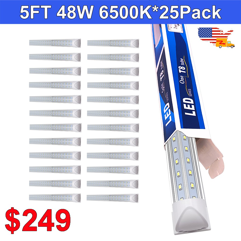 25 Pack 5 Ft T8 LED Light 48W 6500K 6200Lm Clear V Shaped Integrated Cooler Tube gallery