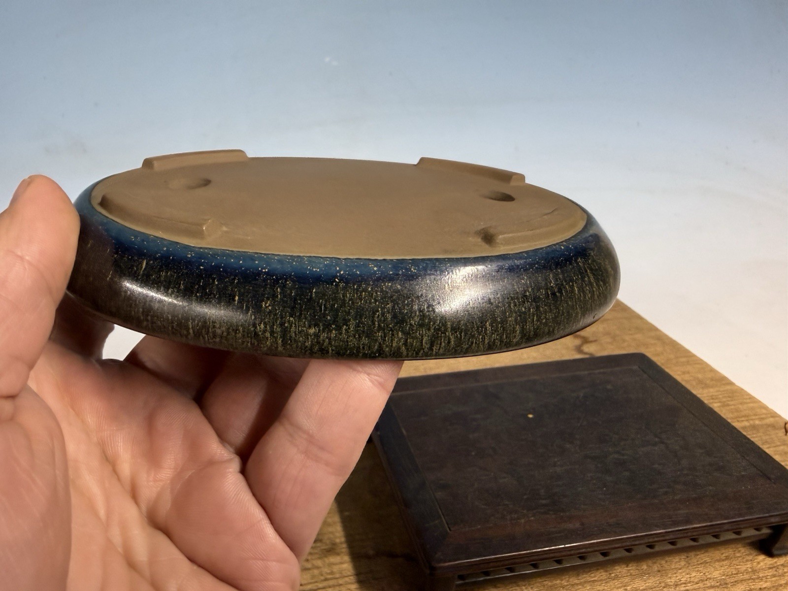 Japanese Unknown Maker Shohin Bonsai Tree Pot 6 1/8” Beautiful Blue Glaze gallery