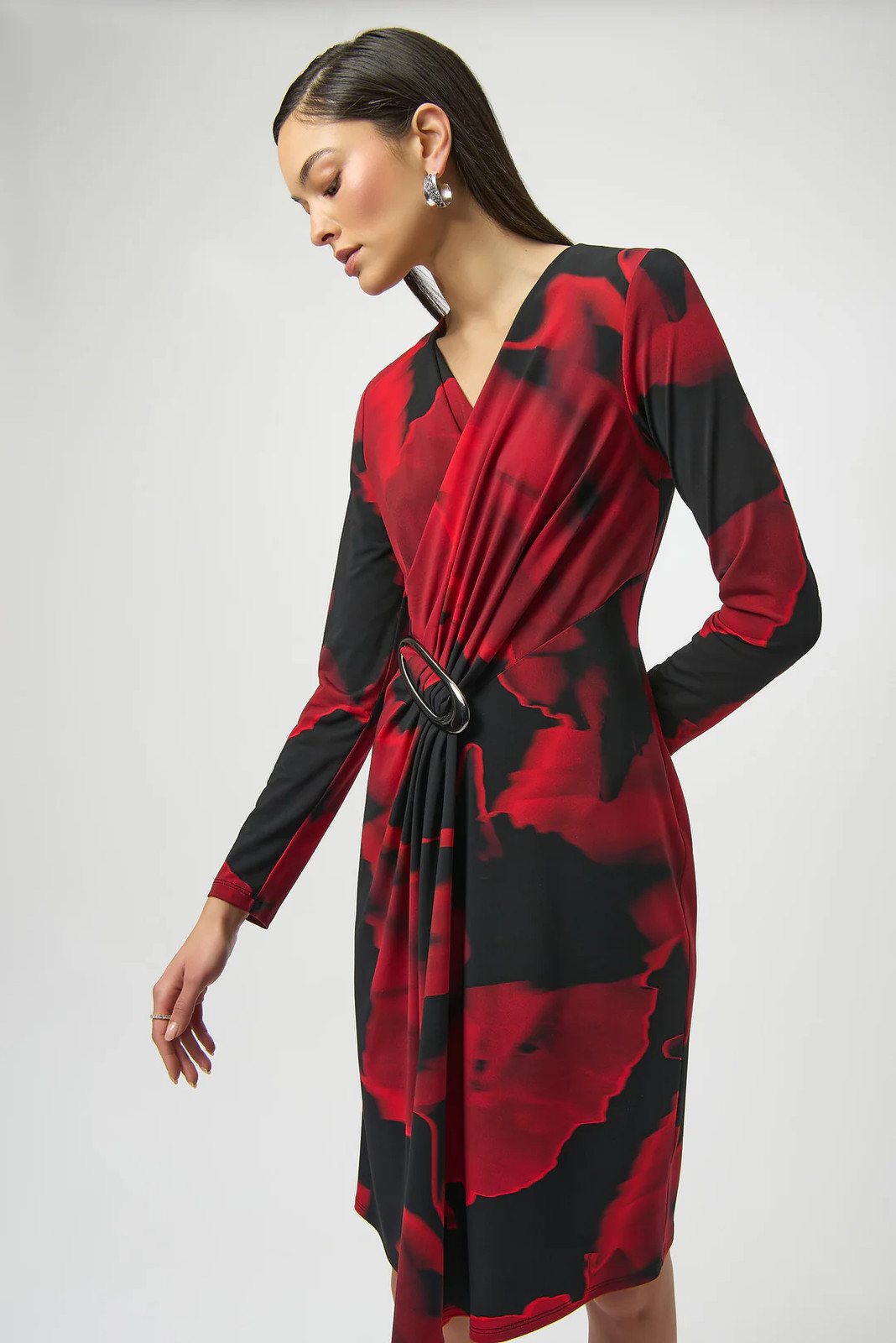 Joseph Ribkoff Black/Red Abstract Print Faux Wrap Long Sleeves Dress 254088 gallery