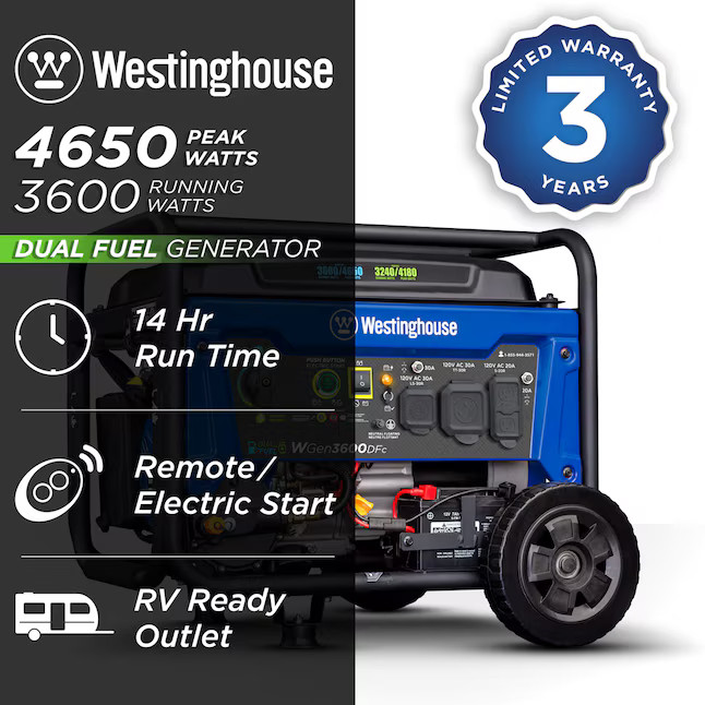 Westinghouse WGen3600DFc Remote Electric Start 4650 Starting / 3600 Running Watt gallery