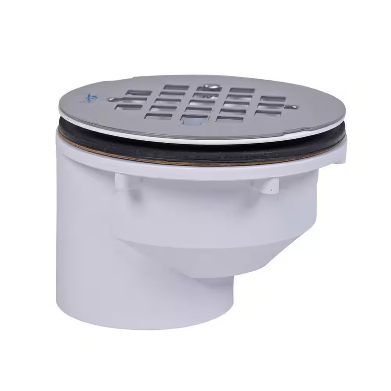 Round Offset White PVC Shower Drain with 4-1/4 In. round Snap-In Stainless Steel gallery