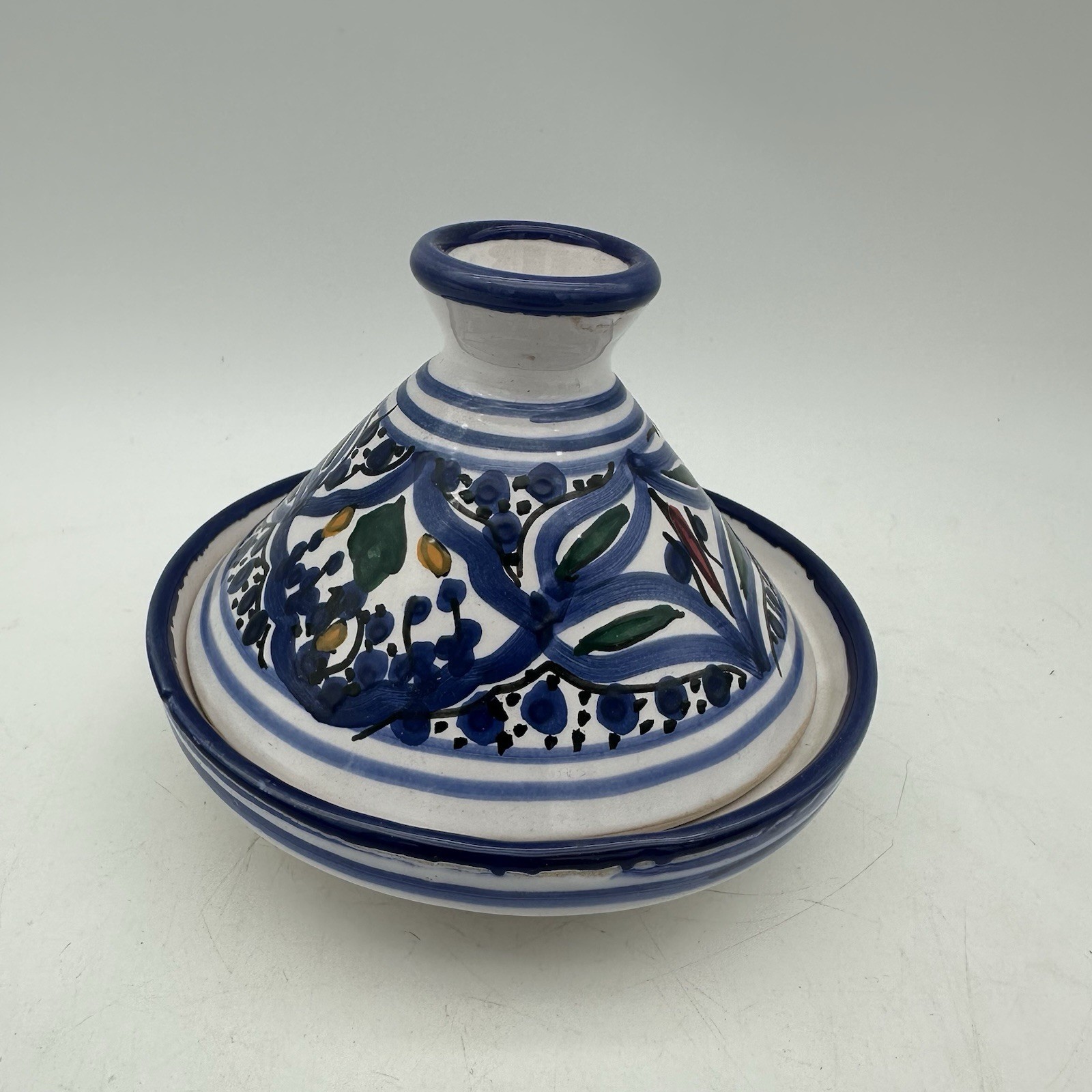 Vintage Handmade Traditional Moroccan Ceramic Tagine Dish 4.5” Blue And White gallery