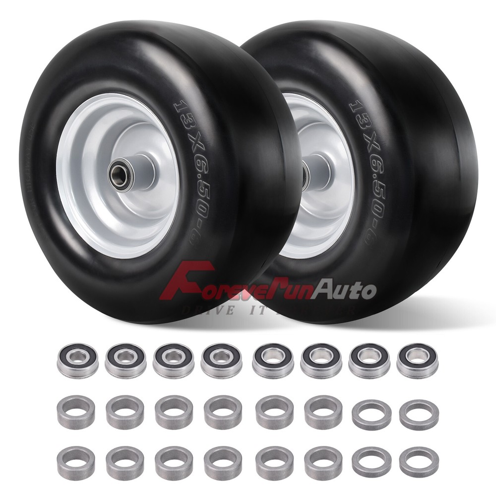2pcs 13x6.5-6 Flat Free Wheel Tire Solid Smooth Lawn Mower,3/4" or 5/8" Bearing