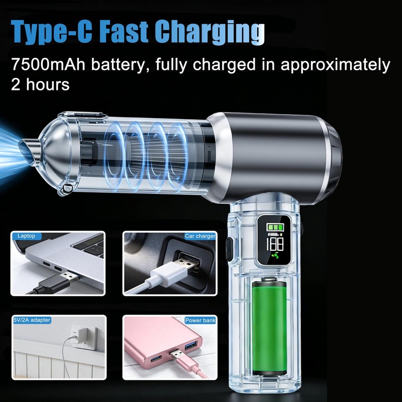 Handheld Car Vacuum Cordless with Air Duster, 30-Min Runtime 20000Pa Suction,... gallery