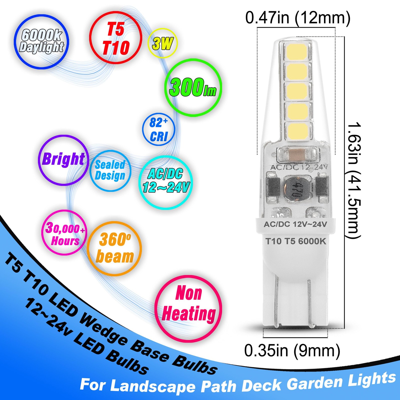 3 Watt T5 T10 LED Wedge Base Light Bulbs AC/DC 12V-24V Equivalent 25W-30W 600... gallery