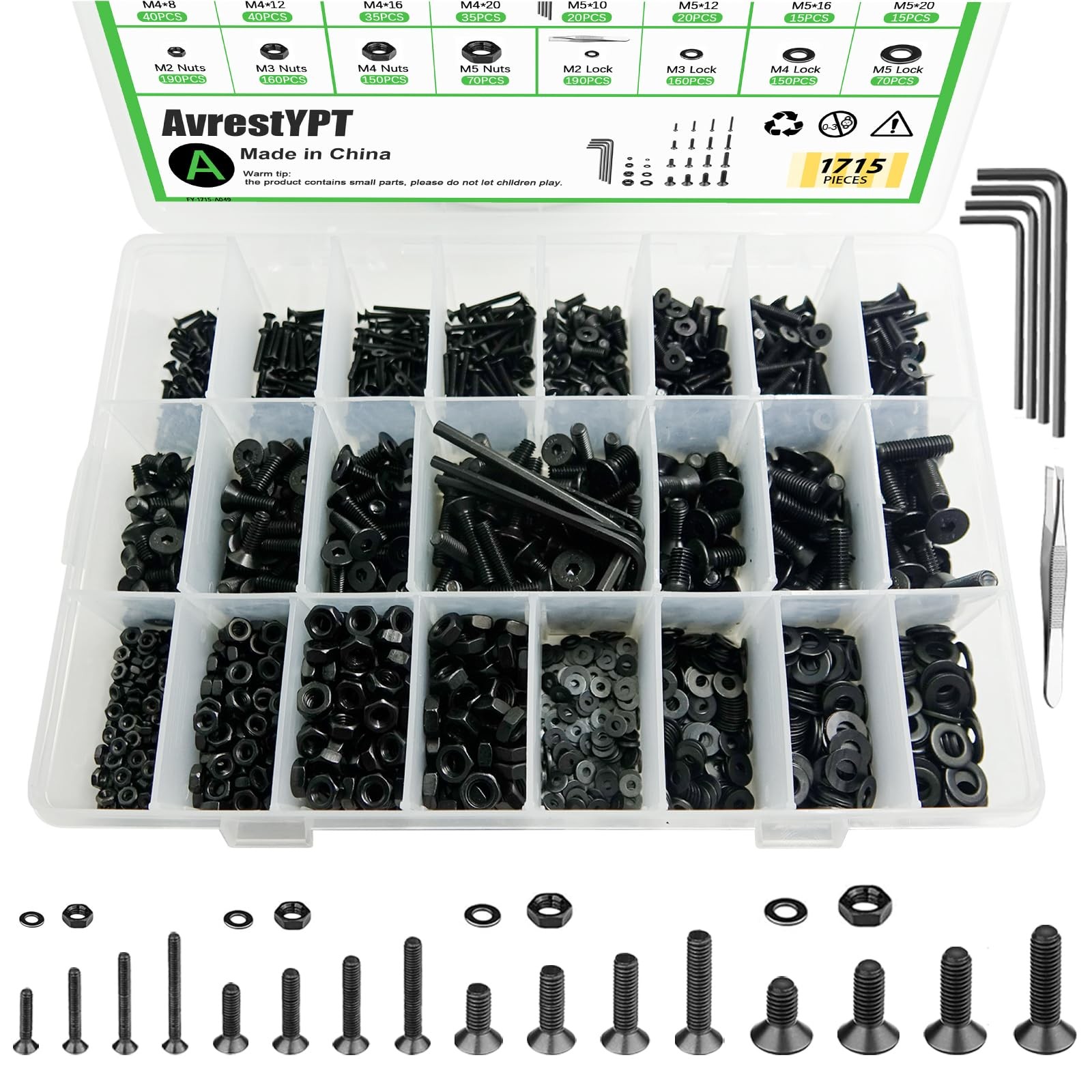 1715Pcs M2 M3 M4 M5 Screw Kit - 3D Printer Mini M2/3/4/5-1715Pcs, Black gallery