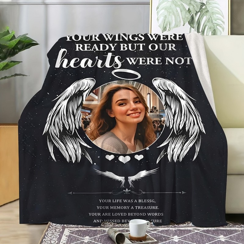 Small Throw Blanket Flannel, "A Hug From Heaven" Design, Custom Photo Memorial ❀ gallery