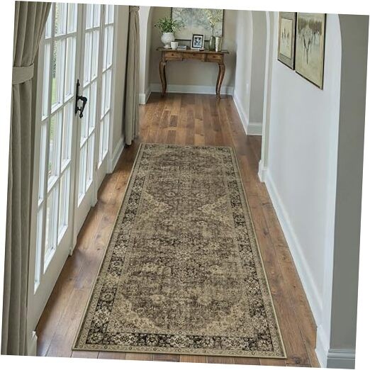2x6 Runner Rug Hallway Machine Washable Retro Brown Vintage Floral Low Pile gallery
