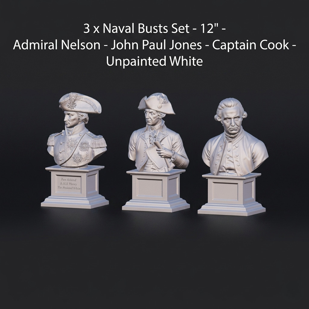 3Naval Busts Set 12" Admiral Nelson John Paul Jones Captain Cook Unpainted White gallery