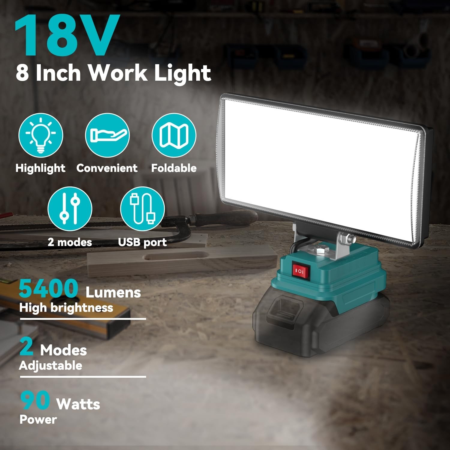 8" Cordless LED Work Light, 90W 5400 Lumens, USB Charging, Adjustable Floodlight gallery