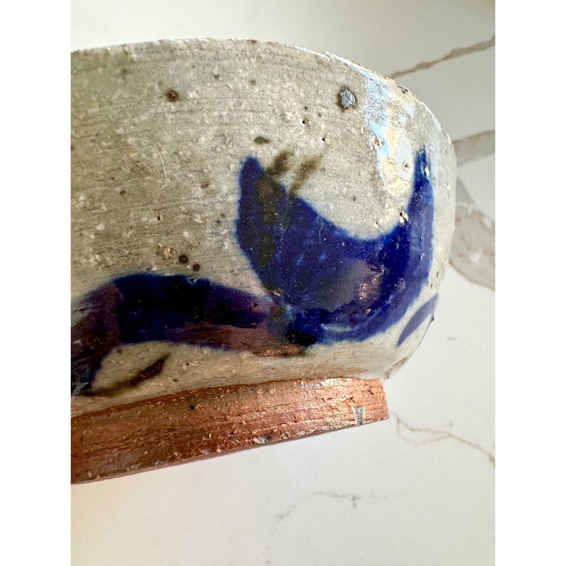 Vintage Handmade Studio Ceramic Bowl Blue Floral Design Rustic Pottery Dish gallery