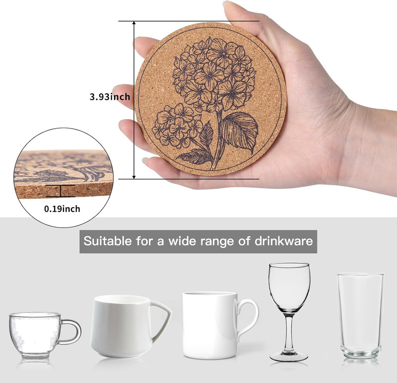 12 Pack Cork Coasters Round Absorbent Drink Pads Decorative Patterns Home Set gallery
