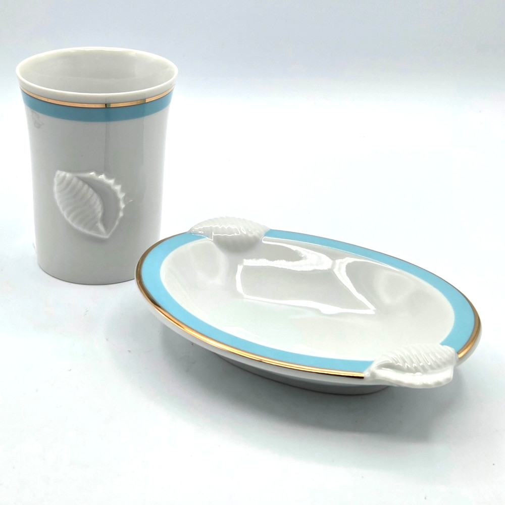 Ben Rickert Seashell Soap Dish and Tumbler White with Blue Gold Trim BEACH