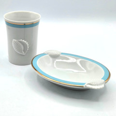 Ben Rickert Seashell Soap Dish and Tumbler White with Blue Gold Trim BEACH