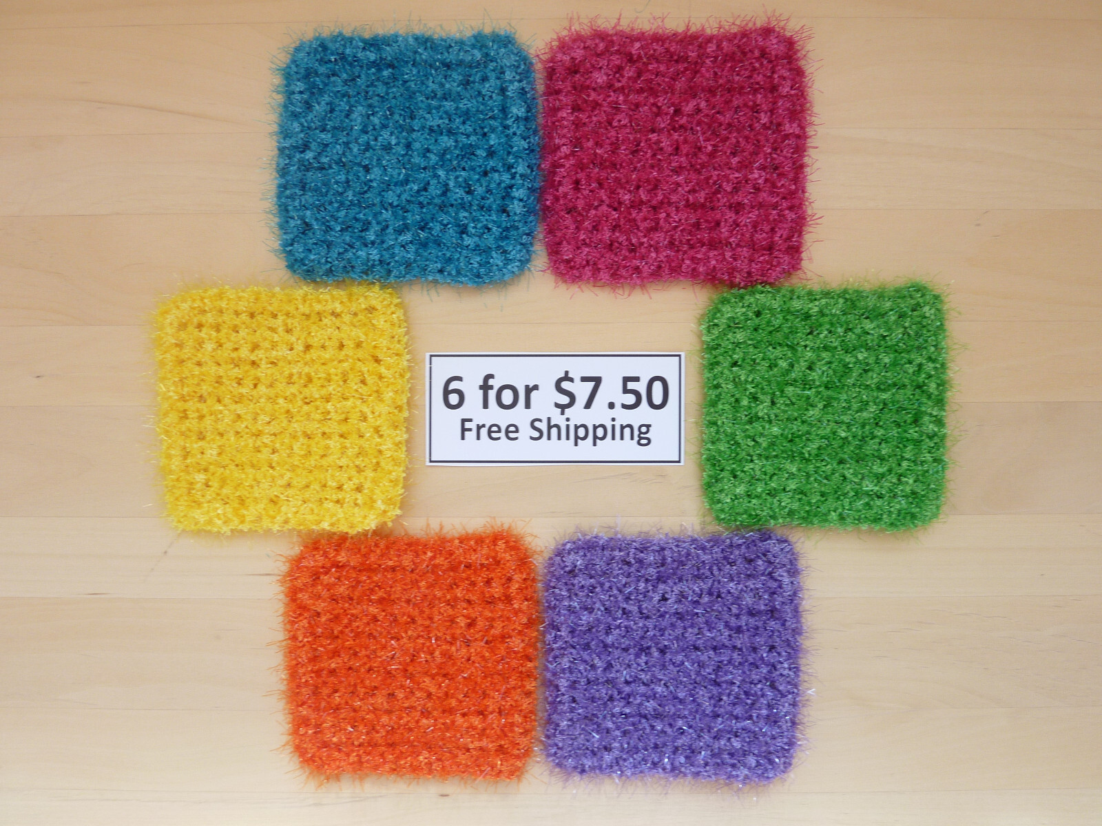 6 Rough Square Multicolor Dish Pot Scrubber Scrubby Scrubbie Handmade 69 gallery