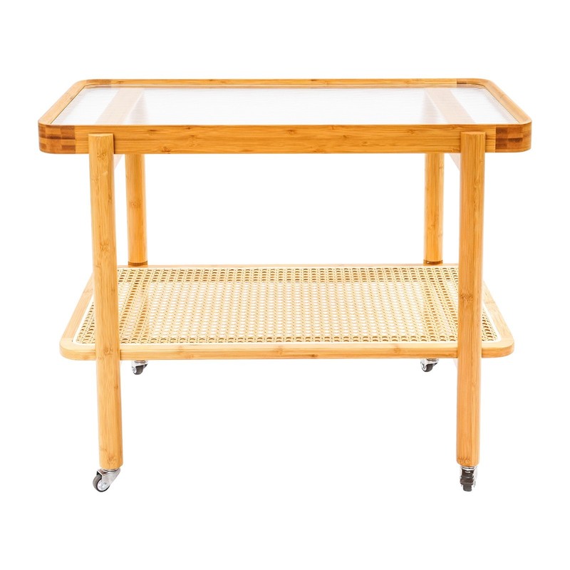 Log Color 2-Tier Rectangular Coffee Table Tempered Glass Bamboo Rattan Wheels gallery
