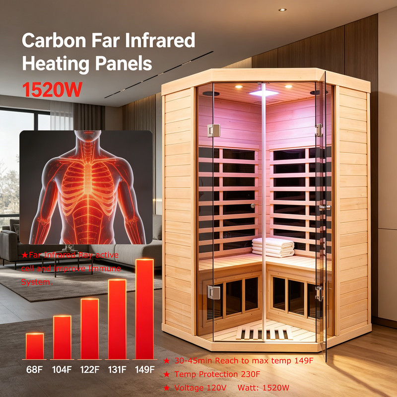 Corner Far Infrared Sauna Hemlock Low EMF Color Therapy Light for 2 Person 1520W gallery