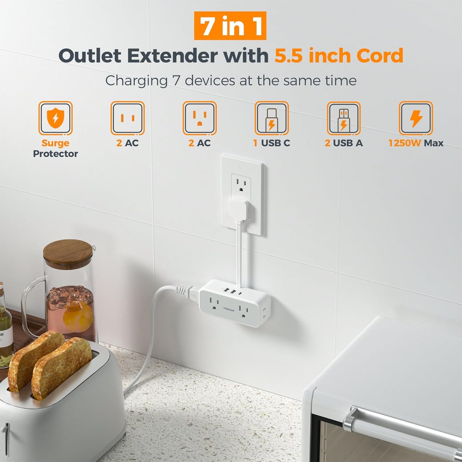 4 Outlet Extender Power Strip Flat Plug Extension Cord 3 USB (1 USB C）0.54ft gallery