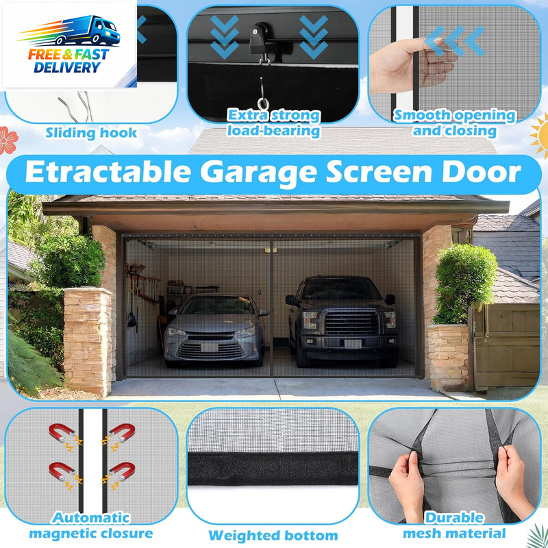 Sliding Garage Door Screen Retractable 2 Car with Track Closure 16 X 7 Ft Black gallery