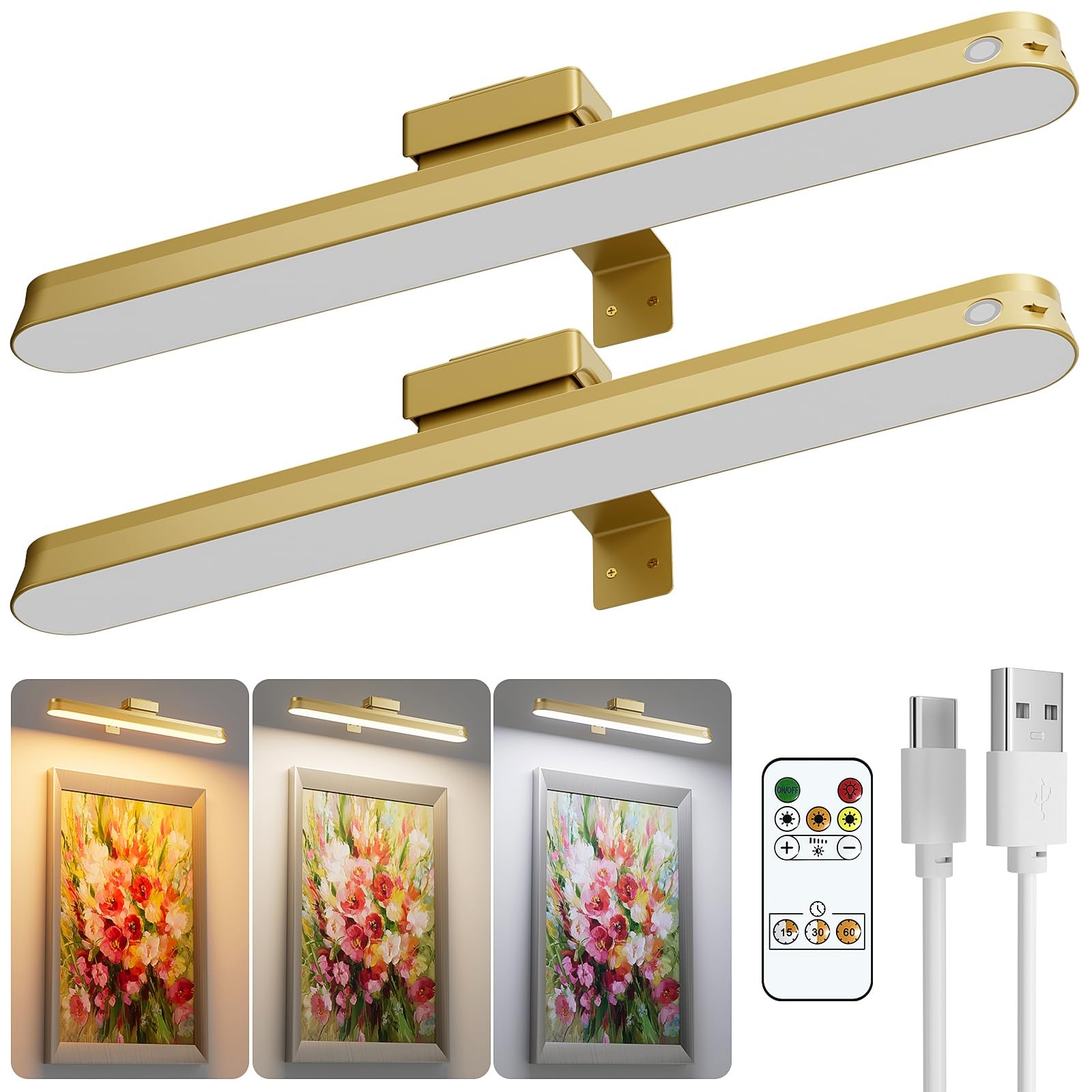 Picture Lights for Wall Battery Operated,2-Pack 16in Magnetic Rechargeable Co... gallery