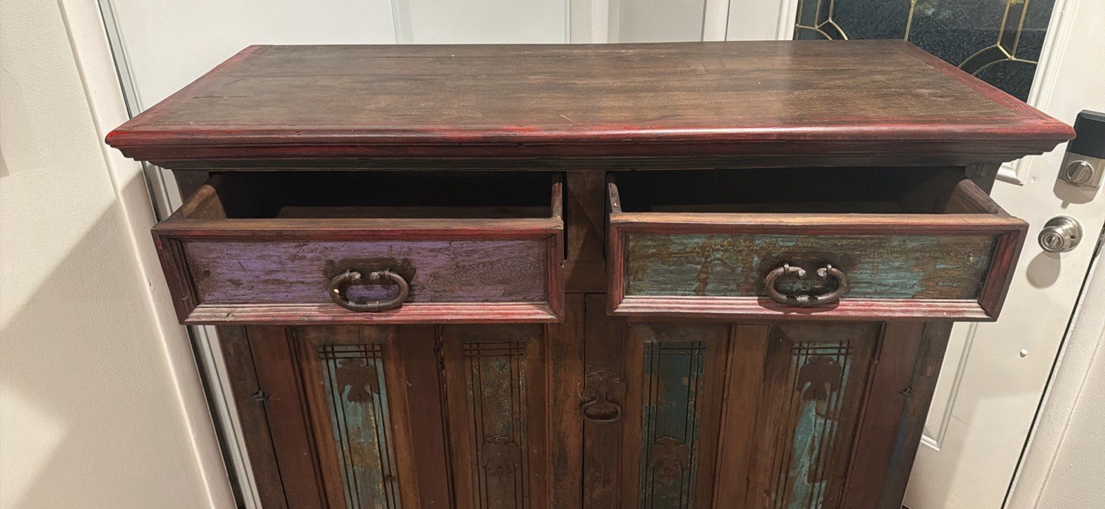 Rustic Distressed Wood Freestanding Cabinet, 2 Doors 2 Drawers, Shelf Handles gallery