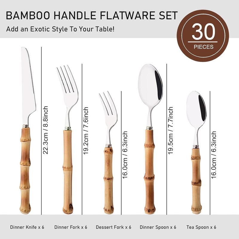Bamboo Handle Silverware Set 30 Pcs Set for 6 Stainless Steel Flatware Set gallery