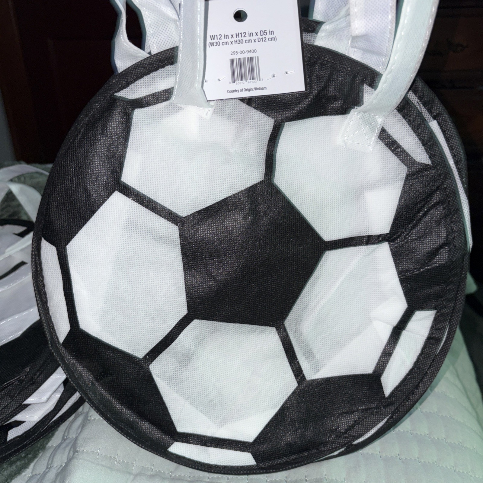 2 Count Reusable Plastic Tote Bags. Soccer Ball Shaped. Double Carrying Handles gallery