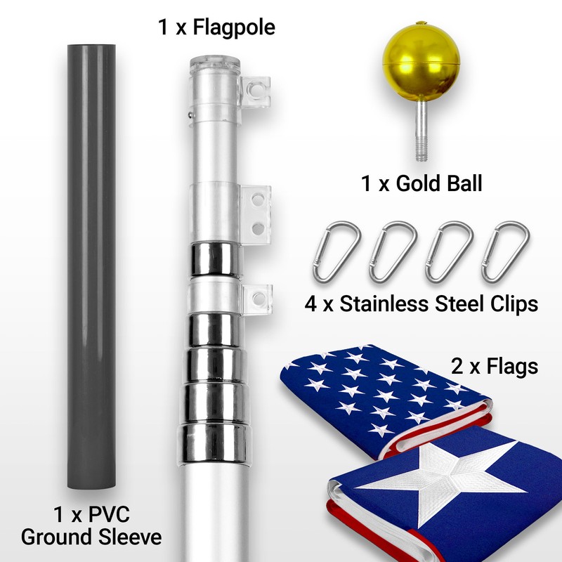 25 Ft Telescoping Flagpole Silver & American and Texas Flags Emb 300D 3x5Ft gallery