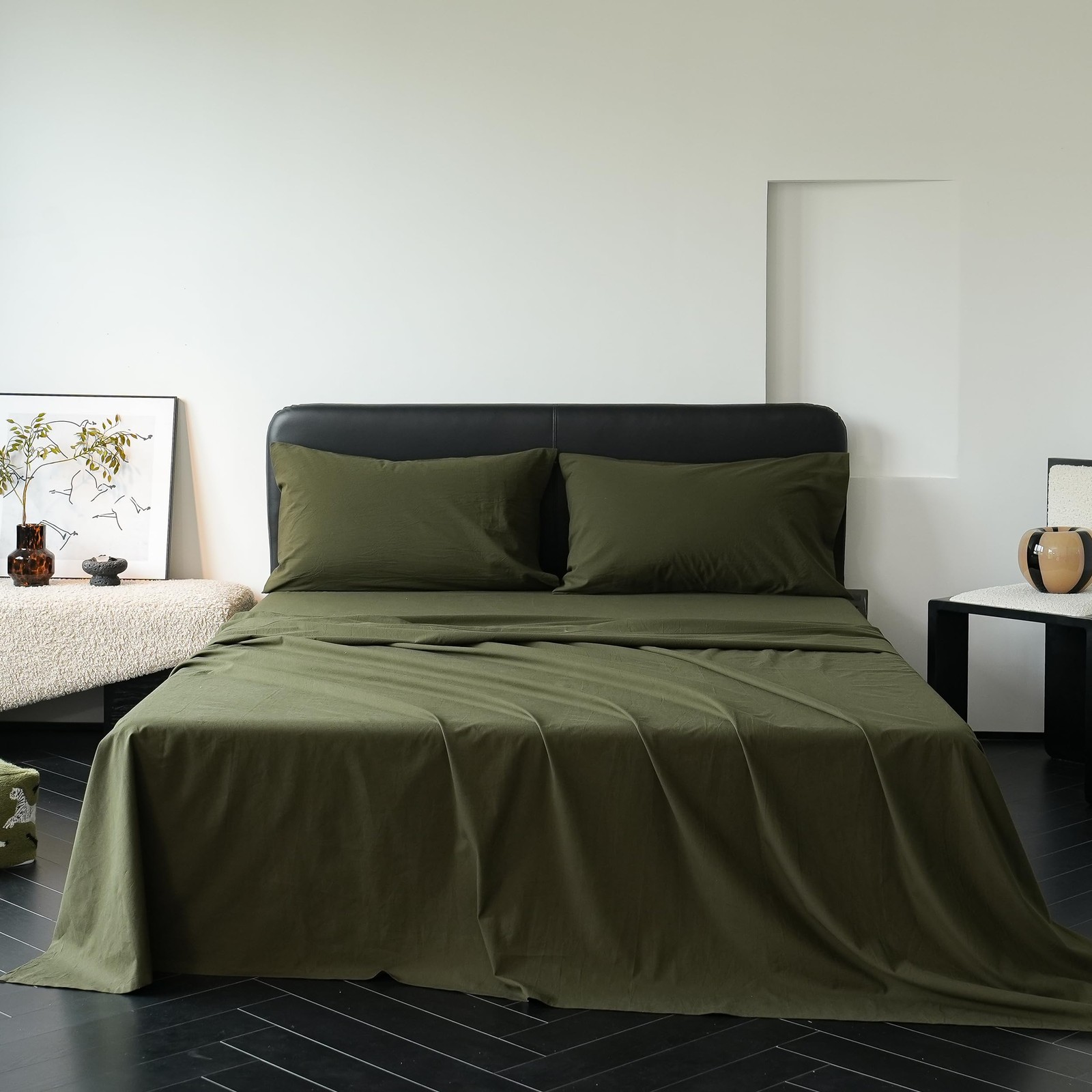 100% Cotton Washed Sheet Set Linen Feel Soft Deep Pocket 17in 4 PCS Green Queen gallery