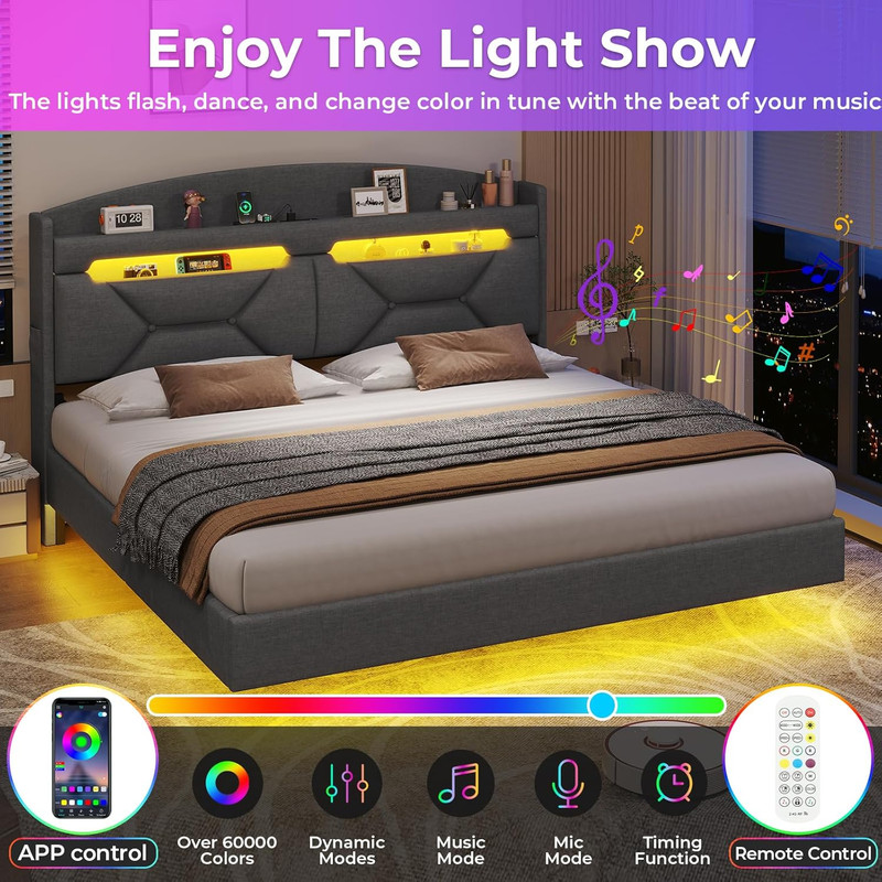 King Size Floating Bed Frame with Power Outlet, Storage Headboard with Hidden Cu gallery