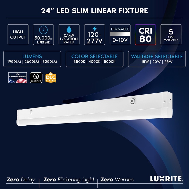 Luxrite 24" LED Linear Light, 3CCT, 15W-25W, 1950-3250LM Dimmable, 120-277V 4PK gallery