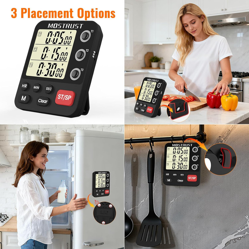 Digital Dual Kitchen Timer 3 Channels Triple Countdown Timer Cooking Magnetic gallery