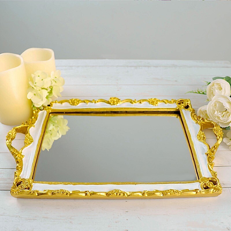 15"x10" Metallic WHITE GOLD Rectangular Mirror SERVING TRAY Handles Party gallery