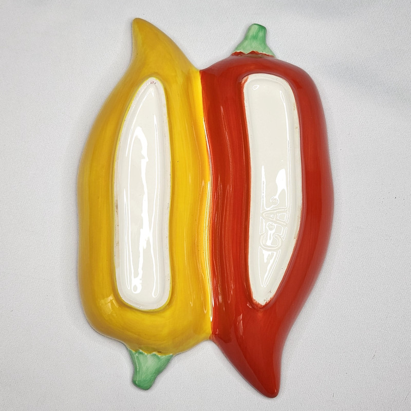 Clay Art Ceramic Chili Pepper Double Serving Dish 9x7in Dips Red Yellow gallery
