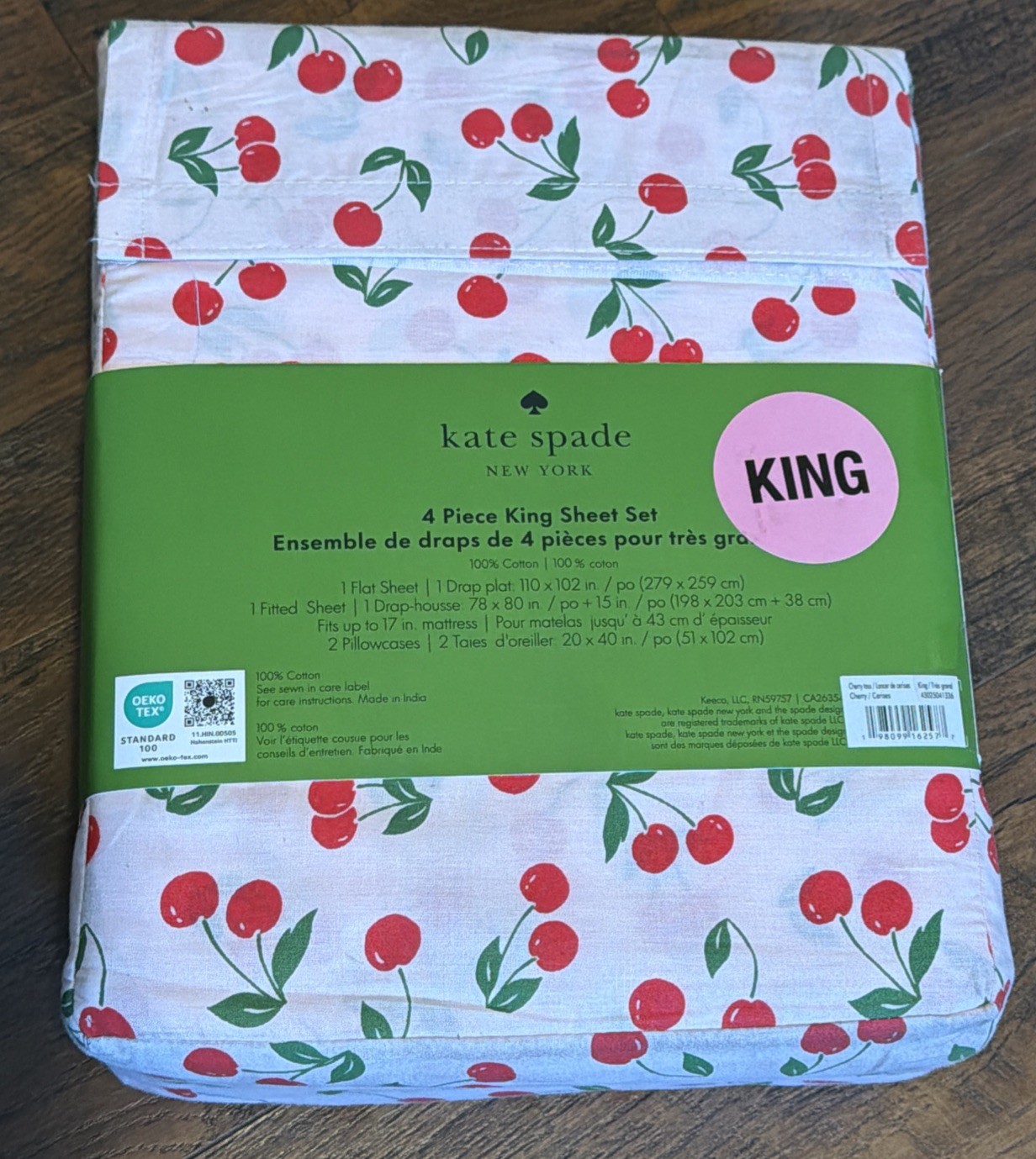 Kate Spade Cherry Toss King Sheet Set Pink Red Green Multi Cotton Cherries gallery