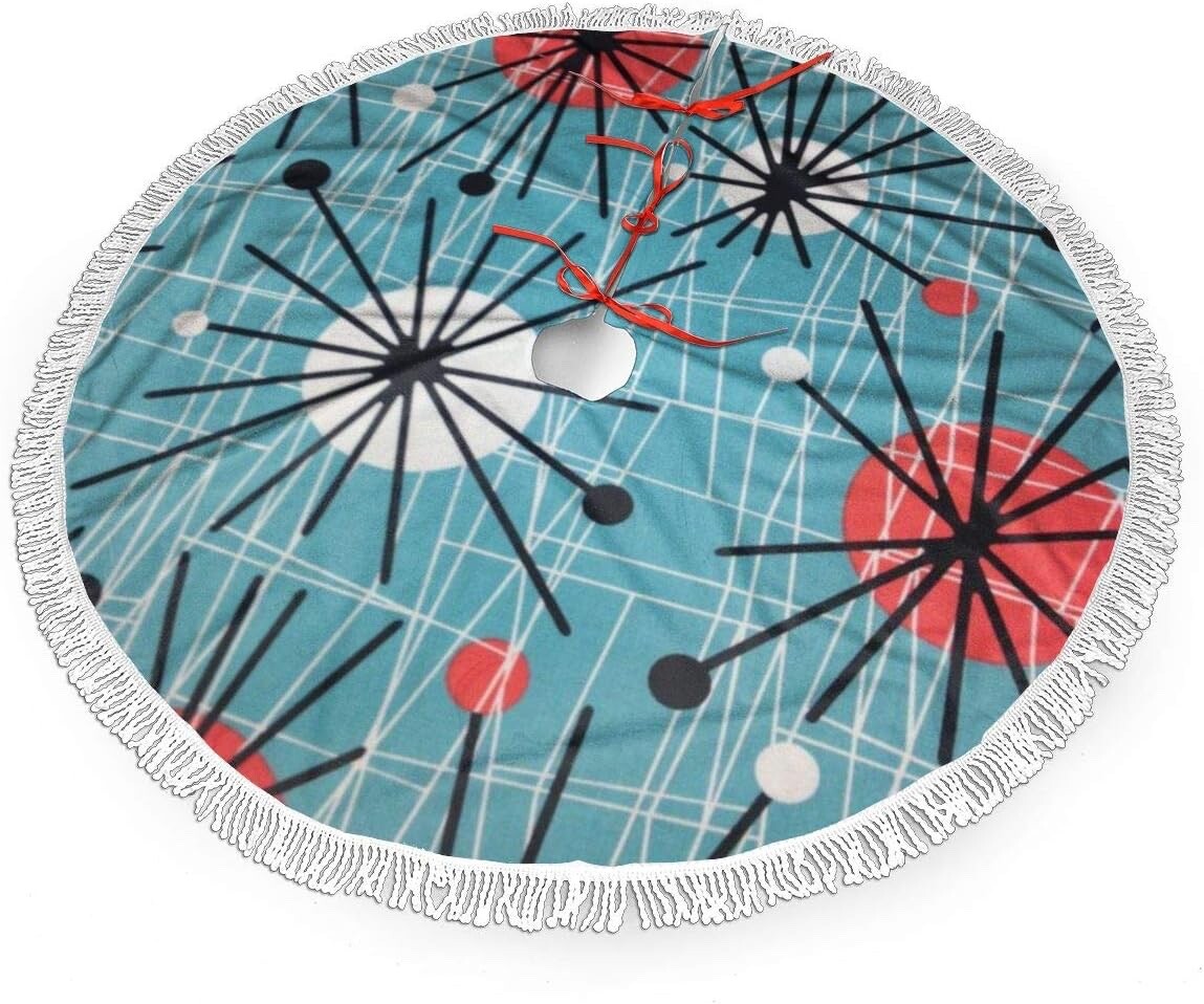 Christmas Tree Skirt 36" Inch Mid-Century Modern Pattern Xmas Mat White Tassels gallery