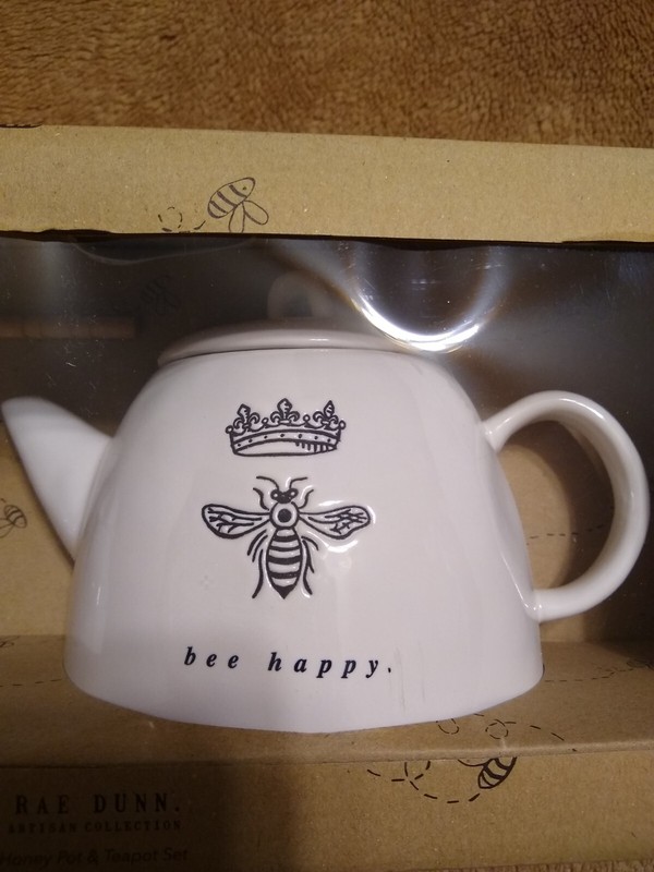 Rae Dunn Artisan Collection Bee Happy Tea Pot Crown and Honey Pot Brand New HTF gallery