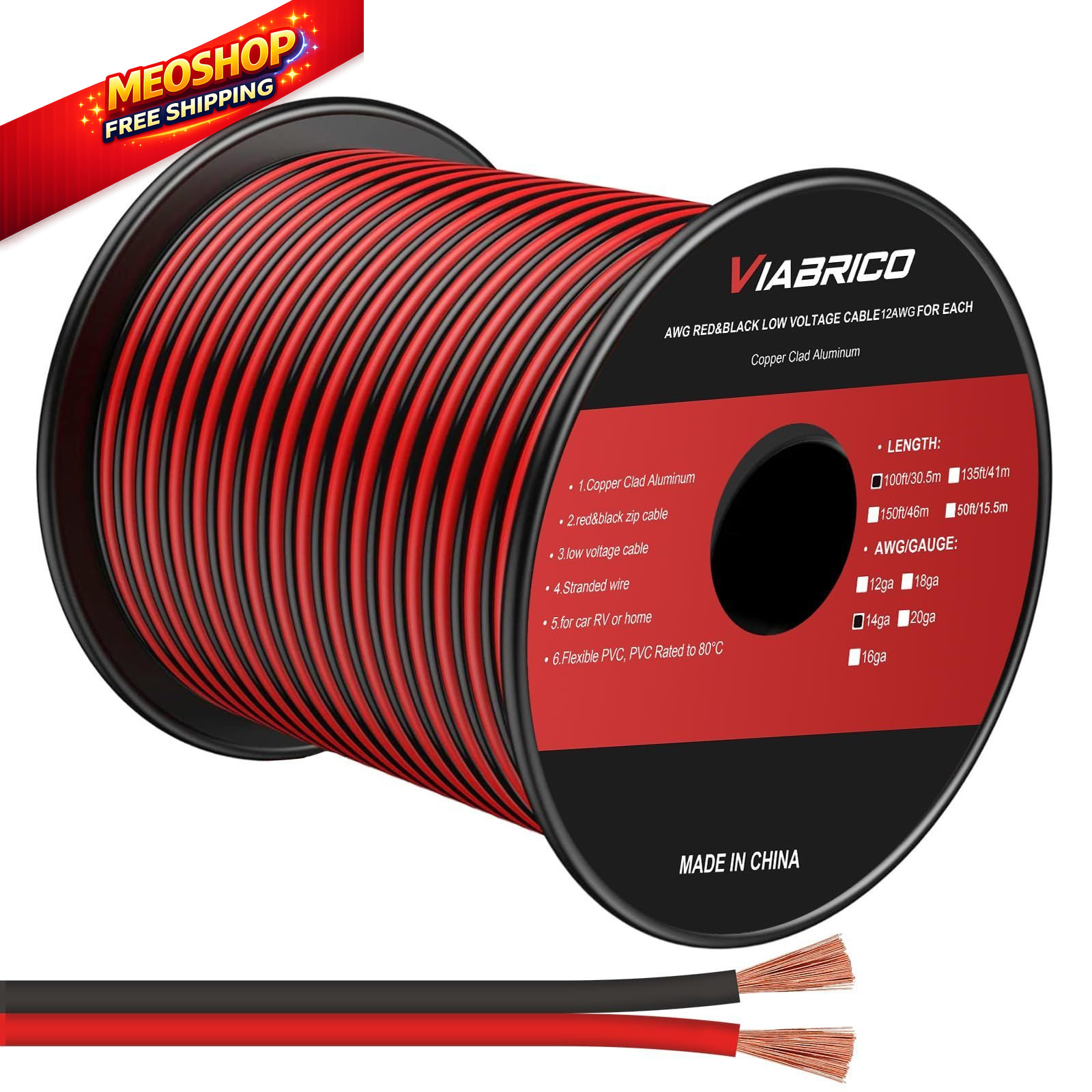 VIABRICO 14AWG 100FT Electrical Wire Cable 2 14AWG-100FT, Red&Black gallery