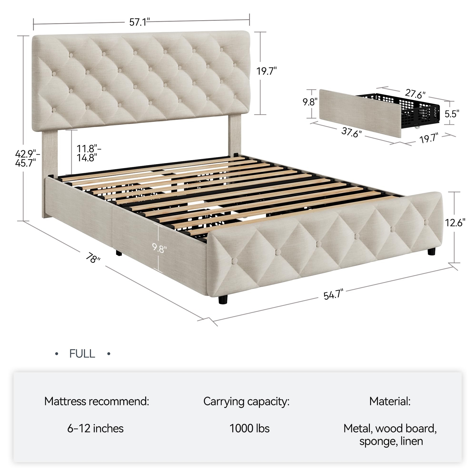 Full Size Bed Frame with 4 Storage Drawers, with Upholstered Platform Bed Frame gallery