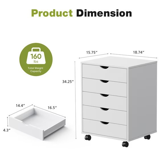 Gianna 5-Drawer Rolling Storage Cabinet for Office Bedroom & Home, White gallery