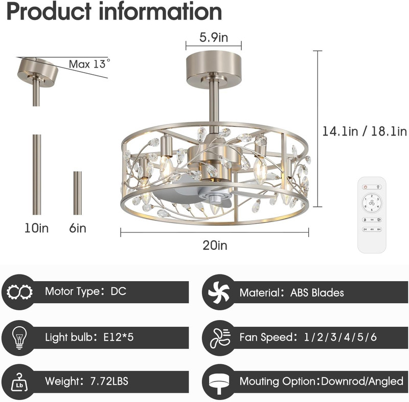 20" Modern Caged Ceiling Fan with Light & Remote, Quiet Reversible Motor gallery